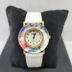 Womens Vintage Gitano Watch 32mm Gold Tone Floral Dial Leather Band New Battery